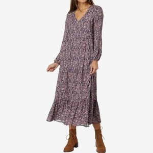 Faherty Isabella Floral Block Long Sleeve Midi Dress Size Small Brown Blue Maxi
